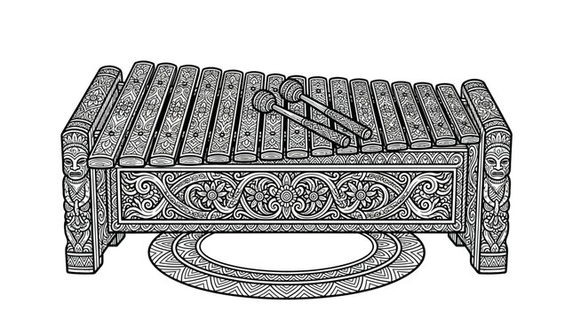 Traditional Indonesian gamelan xylophone ornate wood carving illustration.