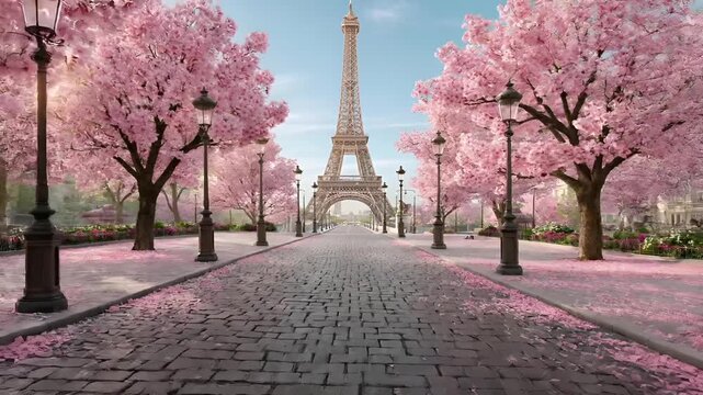 Paris, France, Europe. A vivid portrayal of the Eiffel Tower in Paris, France, bathed in soft pink cherry blossom blossoms. The scene is set on a cobblestone street lined with tall, slender trees.