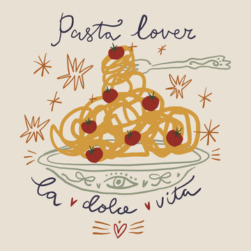 Mediterranean Italian food illustration featuring spaghetti pasta bowl, cherry tomatoes, mystical eye, celestial stars, and la dolce vita lettering in artisanal vector