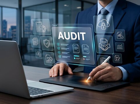 Digital corporate audit inspection concept with virtual compliance dashboard, business documentation and regulatory verification workflow