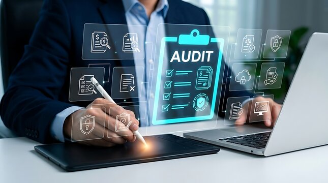 Smart compliance audit technology featuring electronic documentation review and financial governance process in professional office environment