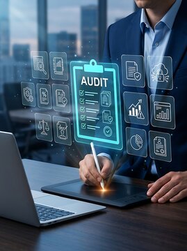 Internal audit workflow with electronic checklist, financial inspection process and corporate compliance management digital transformation concept