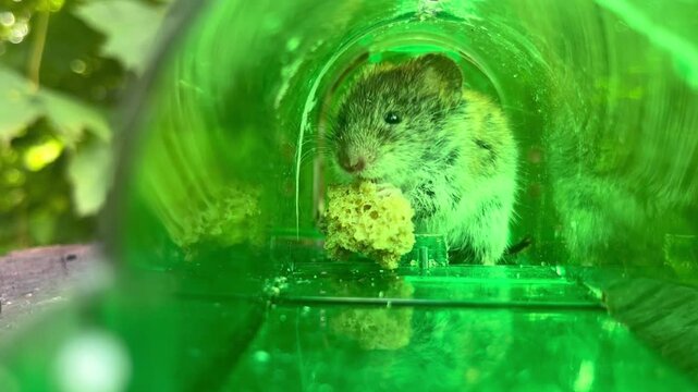 A field mouse gnaws bread in a mousetrap