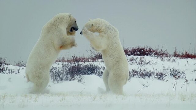 Two polar bears playfully wrestling in the snowy tundra during winter