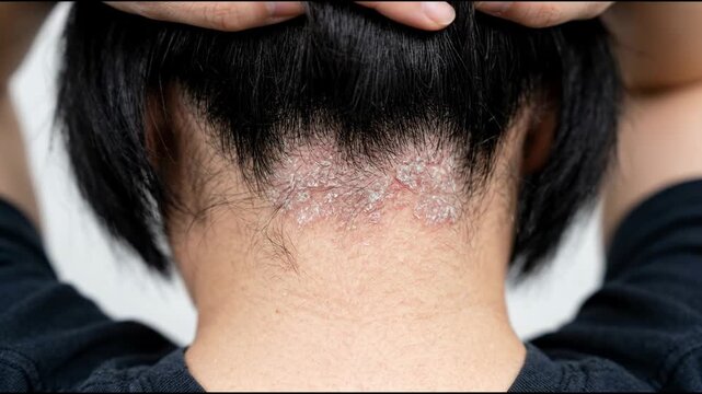 Scalp Psoriasis on Nape of Neck with Visible Flakes and Redness Showing a Real World Health Condition