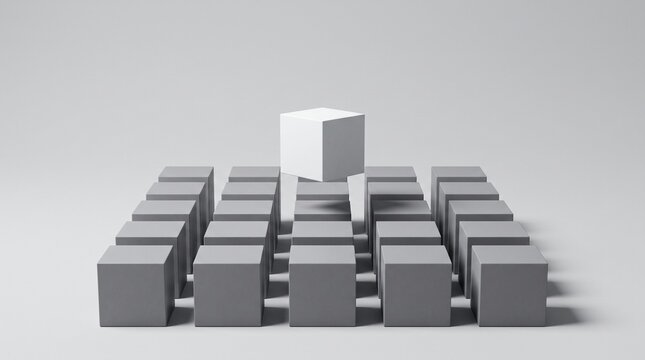 One White Cube Elevated Above a Grid of Gray Cubes Symbolizing Leadership