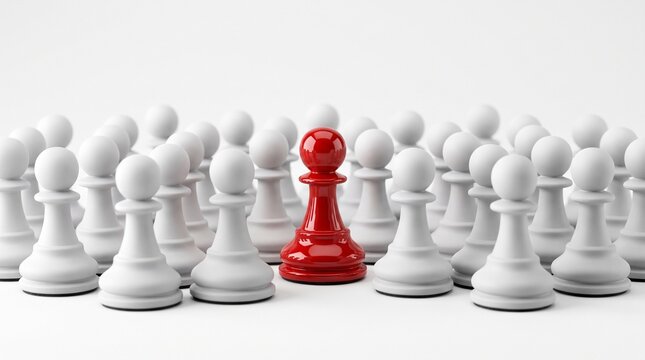 One Red Chess Pawn Standing Among White Pawns