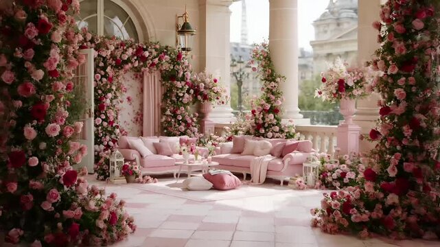 Paris, France, Europe. A vivid portrayal of a luxurious living room decorated with pink and white floral arrangements. The room features a grand balcony with a view of the Eiffel Tower.