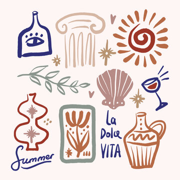 Doodle mediterranean summer clipart set featuring ancient greek column, terracotta amphora, seashell, wine glass, olive branch, sunburst, and la dolce vita lettering in artisanal vector