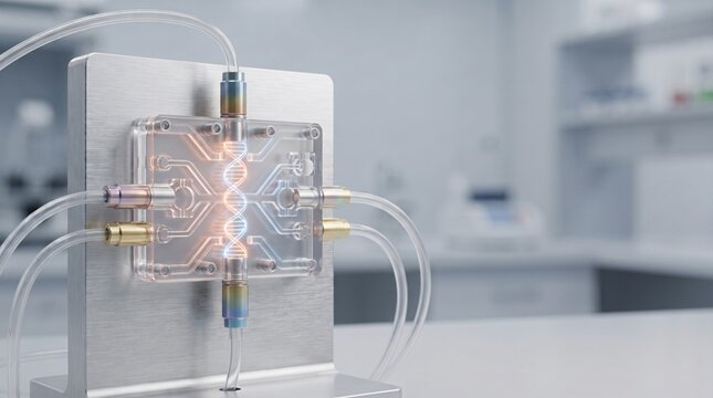 Microfluidic lab on a chip device with illuminated DNA helix, biotechnology concept⁠