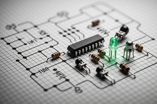 Electronic components like resistors, LEDs and ICs rest on a hand drawn circuit diagram. Components glow green on graph paper schematic with selective focus.
