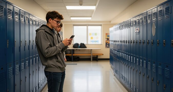 Student standing in school locker room, looking at phone.
