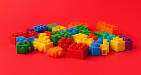 Fototapeta premium Colorful plastic building blocks on red background 