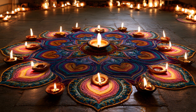 Breathtaking scene of Diwali celebration with colorful rangoli and traditional lamps in a decorated space during the festival of lights at night