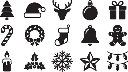 Set of black christmas holiday icons including tree santa hat reindeer and festive decorations © Mahafuz