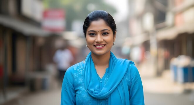 Portrait of a cheerful young south asian woman in a traditional blue salwar kameez smiling outdoors with daily life portrait traditional outdoors cheerful expression
