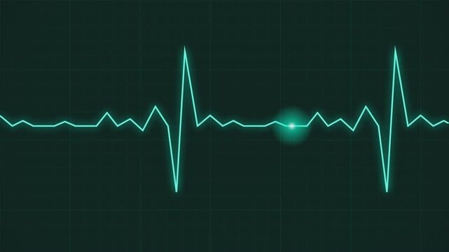 Cyan glowing heart rate monitor showing dynamic ekg electrocardiogram line on dark grid background.