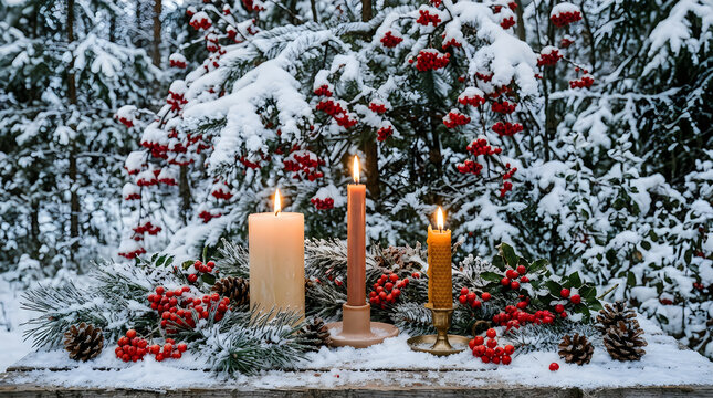 Three burning christmas candles in snowy forest with christmas, celebration