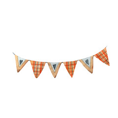 Obraz premium Autumn Plaid Bunting Garland bunting garland with plaid and heart patterned flags in warm autumn tones. A cozy rustic decoration with natural watercolor texture, perfect for fall designs, Thanksgiving