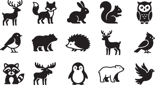 Set of wild forest animal icons and silhouettes including deer fox rabbit squirrel and owl