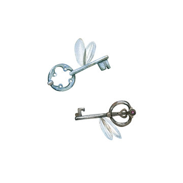 Fairy Key with Wings magical key with delicate fairy wings and vintage details. Perfect for fantasy designs, fairy tale projects, invitations, stickers, scrapbooking and whimsical decorations.