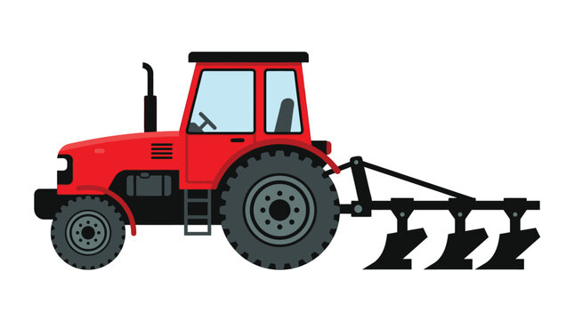 A vibrant red farm tractor featuring large black tires and a metal plow attachment rendered in a clean flat style