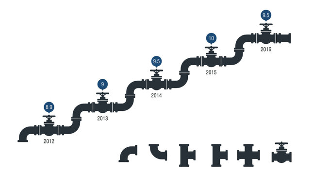 Dark grey vector illustration showing a stepped pipeline infographic with numerical data points and various plumbing pipe component connector shapes