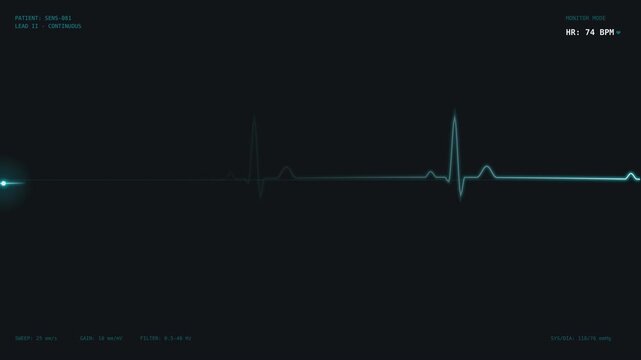 Digital heart rate monitor displaying live electrocardiogram pulse on dark background.