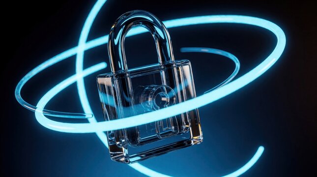 Transparent glass padlock floats against dark background with glowing blue neon light rings. Represents cyber security digital data protection network access and privacy.