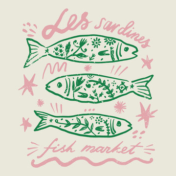 Doodle mediterranean fish market poster illustration hand-drawn sardines, celestial stars, and les sardines calligraphy lettering in artisanal vector