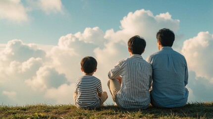 Fototapeta premium Father and son sit on grassy hill watching clouds. Family bonds and shared moments. Male figures gaze at sky contemplating future. Togetherness and paternal love.