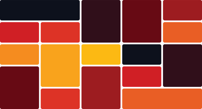An abstract arrangement of varied-sized rounded rectangles in a warm spectrum of colors, including deep red orange, yellow, and navy, Bento grid layout for modern website framework templates