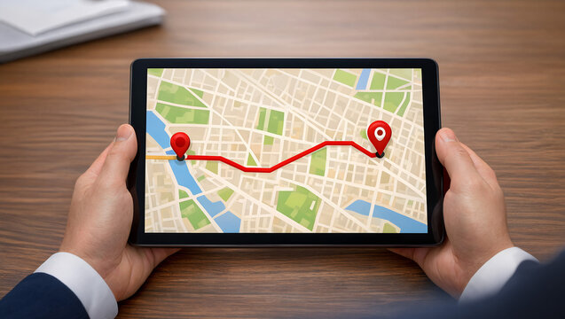 Businessman hands holding digital tablet showing GPS navigation city map with red route and location pins on wooden desk