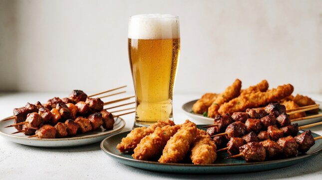 Tall glass of beer next to plates of grilled meat skewers and fried chicken strips. Appetizers served with ale on light background. Refreshing drink with savory snacks.