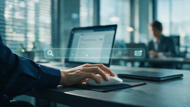 Businessman working on laptop with digital interface icons and data analytics hologram in modern corporate office
