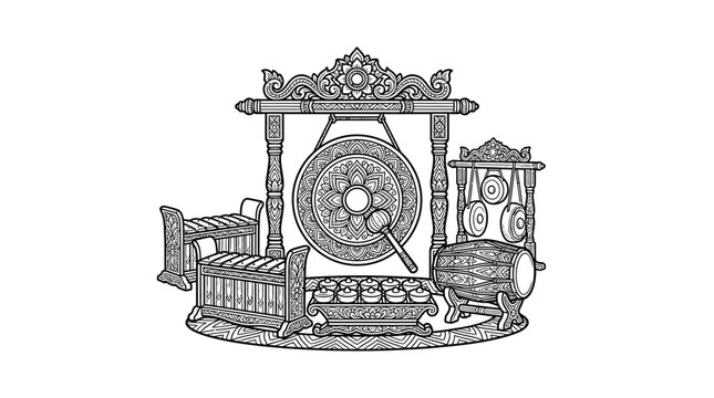 Detailed Gamelan ensemble with decorative gong stand.
