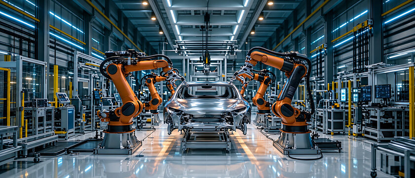 Modern automotive assembly line with advanced robotic arms manufacturing electric car in futuristic smart factory