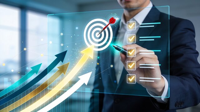 Business Growth Strategy and Target Achievement Concept with Businessman Touching Digital Interface