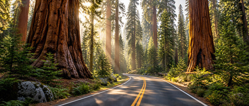 Scenic Forest Road Through Giant Redwood Trees with Sunlight Rays