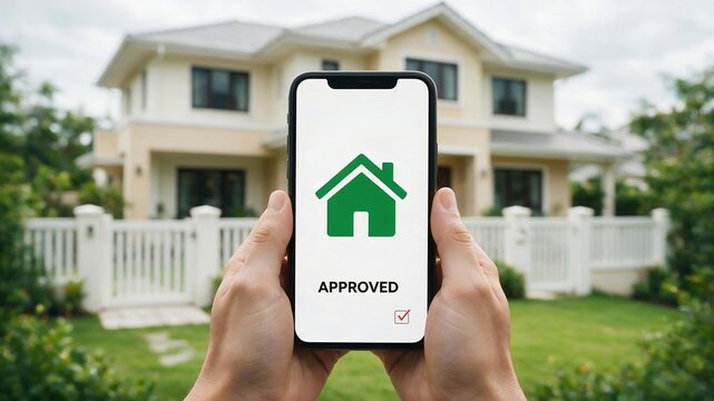 Home Loan Approved on Smartphone with Residential House in Background