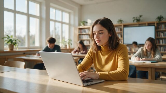 Female College Student Studying on Laptop in Modern University Library Classroom