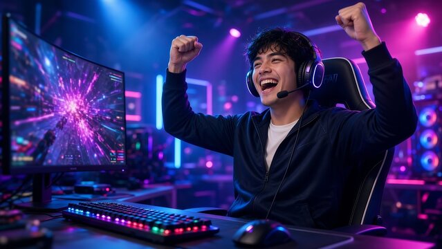 Excited Professional Gamer Celebrating Victory at RGB Gaming Setup