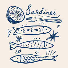 Fototapeta premium Doodle mediterranean canned sardines illustration with open tin can, fish trio, and la dolce vita lettering in artisanal linocut vector.