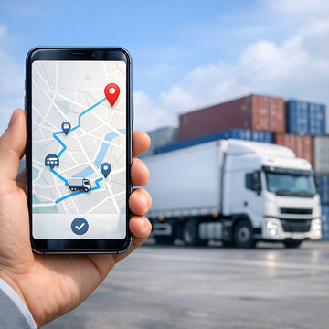 Smartphone with GPS Navigation and Fleet Tracking App in Front of Delivery Truck at Logistics Warehouse