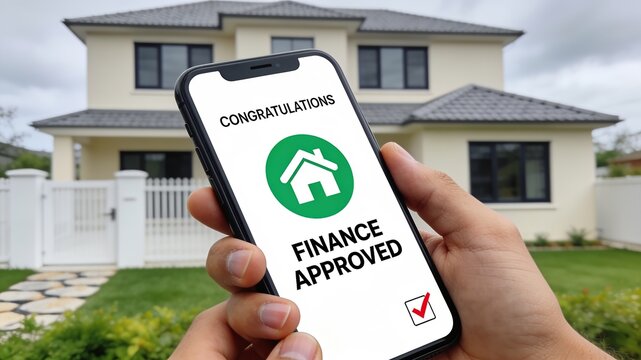 Smartphone Displaying Home Loan Finance Approved Notification in Front of Modern Residential House