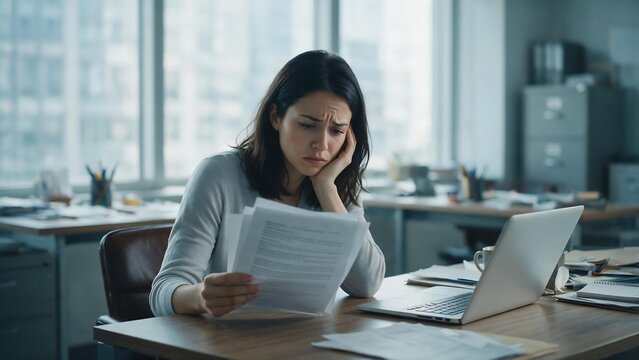 Focused Businesswoman Reviewing Financial Documents at Office Desk with Laptop in Modern Workplace