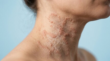 Fototapeta premium Close-up of inflammatory skin condition with raised papules and redness on human neck skin