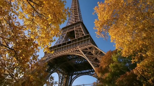 Paris, France, Europe. A vivid portrayal of the Eiffel Tower stands tall against a clear blue sky. The iconic structure is adorned with intricate metal lattice patterns.