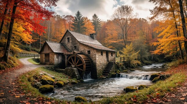 Old stone watermill sits by flowing river in colorful autumn forest. Ancient rural building stands near calm stream with wooden wheel during fall season. Scenic path winds through trees with orange