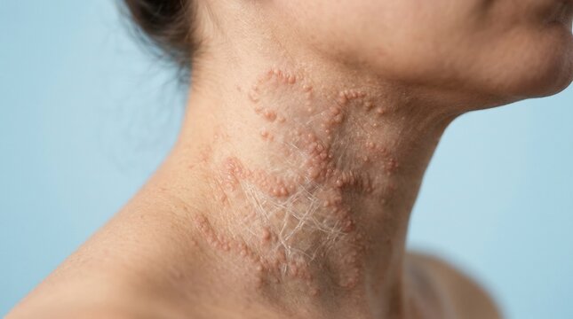 Close-up of inflammatory skin condition with raised papules and redness on human neck skin